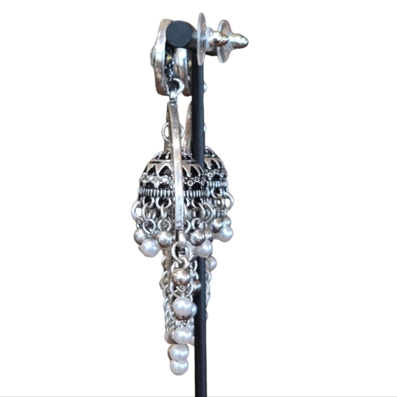 Indian Jhumka Round Crystal Oxidized Silvertone Hoop Earrings - Picture 5 of 6